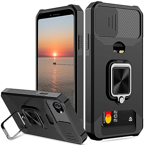 for iPhone 8 case, iPhone 7 case,iPhone SE Case 3/2 (2022/2020 Edition) with Card Holder,Slide Camera Cover and 360° Rotate Ring Kickstand Heavy Duty Protective Phone Case for iPhone SE/8/7-Black