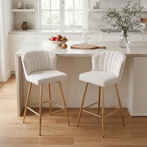 Image of EALSON Counter Height Bar Stools Set of 2 Modern Bar Chairs with Back Velvet Upholstered Barstools with Gold Footrest Comfortable Island Chairs for Kitchen Counter /Home Bar /Dining Room, Beige