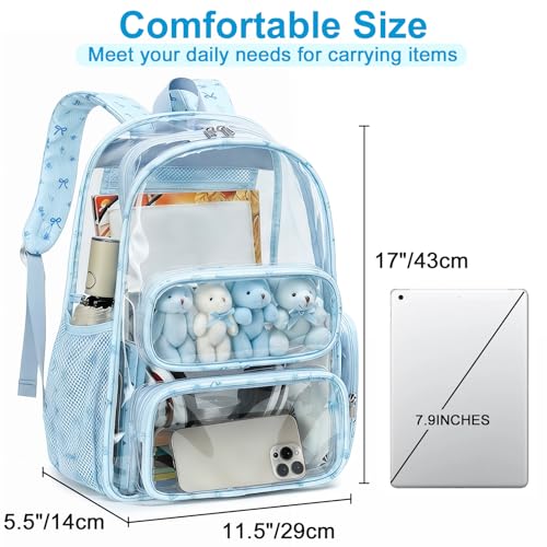 Image of BTOOP Clear Backpack Heavy Duty Transparent Backpack 17 inch See Through Bookbag for College Work Festival Security Padded Strap (blue bow floral)