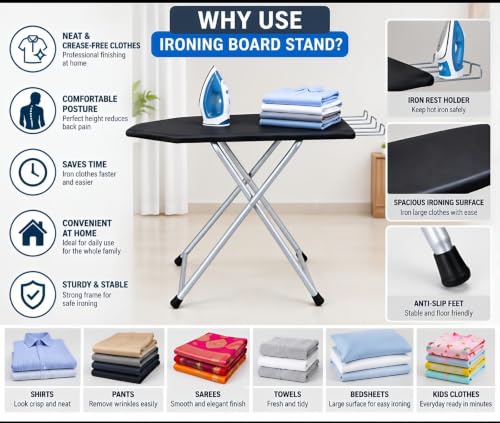 Image of SD STANDLONE Premium Foldable Ironing Board with Iron Rest & Adjustable Height | Heavy-Duty Steel Frame | Heat-Resistant Padded Cover | Stable Non-Slip Legs | Space-Saving Design for Home Use