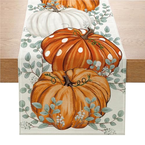 ONFAON Fall Decorations for Home, Fall Table Runner 13x72 Inch, Pumpkins Eucalyptus Leaves Thanksgiving Farmhouse Decor Table Decoration for Kitchen Dinning, Indoor Outdoor Dinner Party ZQZX02