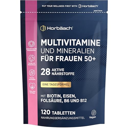 Multivitamin Tabletten Frauen 50+ | 28 Vitamine und Mineralien mit Vitamin D3, B12, B6, Eisen, Biotin, CoQ10, Soja Isoflavone | von Horbaach