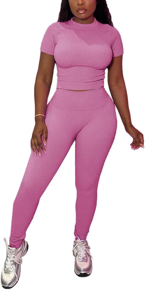 HBQ Women Two Piece Outfits Workout Sets Ribbed Casual Jogging Suits Short Sleeve Tracksuits