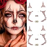2 Pieces Halloween Face Gems Jewels Tattoos, Day of the Dead Face Temporary Skull Tattoos Rhinestone Crystal Stones Body Gems Makeup Stickers for Halloween Festival Rave Party