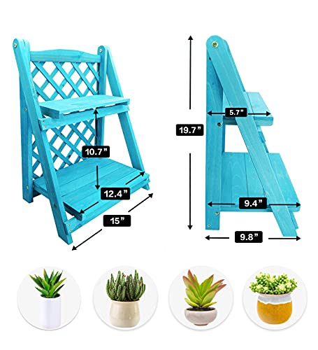 Yizhi Miaow Ladder Plant Stand With Grid Blue 2-Tier Wooden Planter Holder Flower Pot Display Shelf For Home Patio Lawn Garden Balcony #TOP4