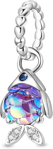 GNOCE Dijes colgantes de pez alegre para pulsera de plata de ley 925 con purpurina y piedras preciosas transparentes para mujer, regalo del día de
