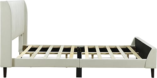 Miniatura 6 de WOXYX Base de cama tapizada de terciopelo de tamaño matrimonial con cabecero y listones de madera fuertes, color beige