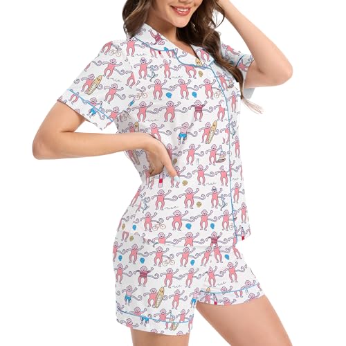 Image of Ammiko Womens Pajamas Set Y2k Loungewear Pajama Button Down Top and Shorts Monkey Beach Short Sleeve Sleepwear Preppy