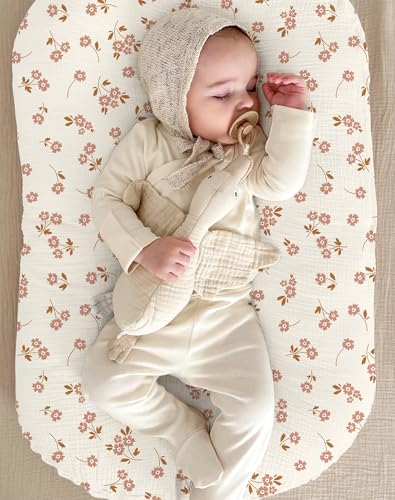 Image of Muslin Baby Lounger Cover 2 Pack, Soft Breathable Newborn Lounger Pillow Cover for Boys Girls Infant (Flower E & Pink)