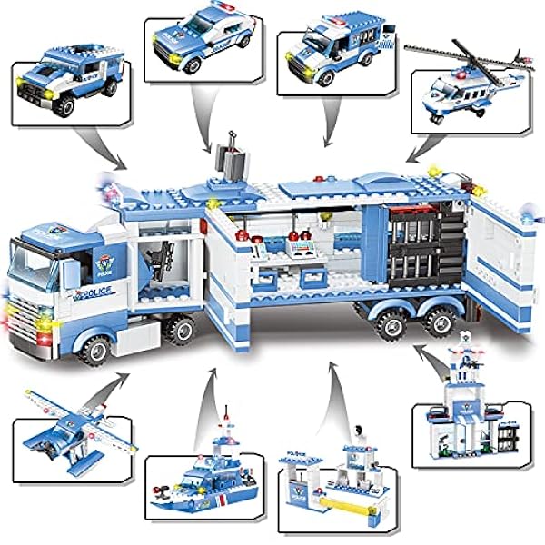 WYSWYG City Police Toy Building Blocks, 1042 Piezas 8 en 1 Comisaría de policía con Coche de policía y helicóptero, Juego de Bloques de construcción compatibles (Azul)