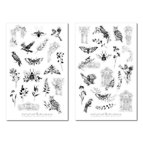 Jellyfish Stickers - Oiseaux et insectes Sticker Set - autocollants, stickers jardin, nature, fleurs, floral, plantes, papillons, colonnes, conte de fées, noir et blanc