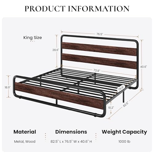 Image of SHA CERLIN King Size Metal Bed Frame with Wooden Headboard, Mahogany