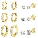 6 Pairs Gold Studs Earrings for Women Hypoallergenic Small Hoop Earrings Cubic Zirconia Gold Huggie