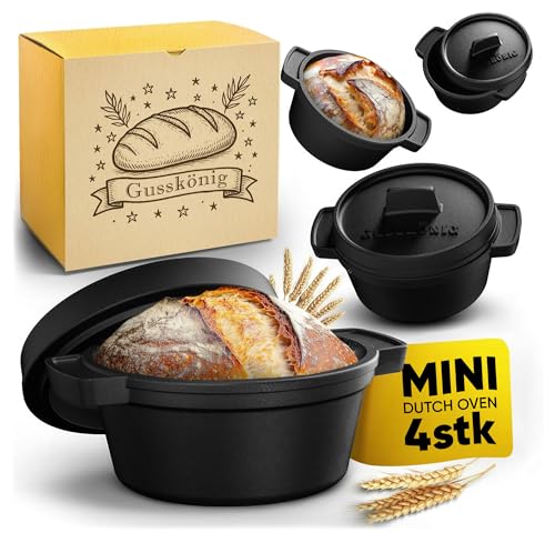 GUSSKÖNIG Mini Gusseisen Brotbackform Set – 4x 300ml Brotbacktopf mit Deckel – Eingebrannte Mini Dutch Oven zum Brotbacken – Kleine Gusseisentöpfe für Mini-Brote inkl. Rezeptbuch - 30 Jahre Garantie
