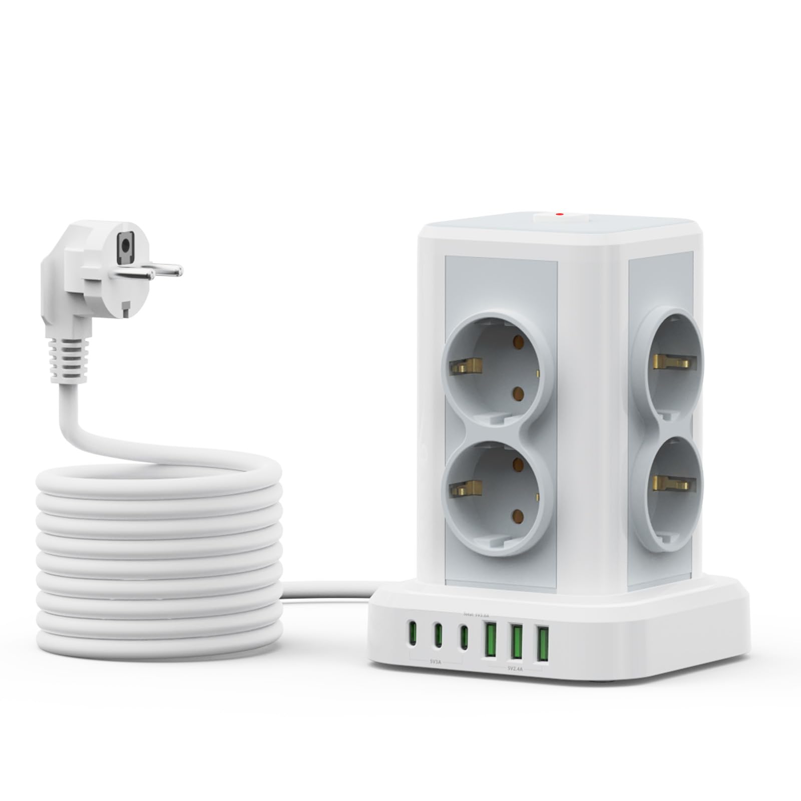 Regleta con USB 8 compartimentos, AOUOO Regleta múltiple con interruptor, 4000 W, 16 A, protección contra sobretensiones, torre de enchufe, cable alargador de 2 m para casa, oficina, cocina, cable de