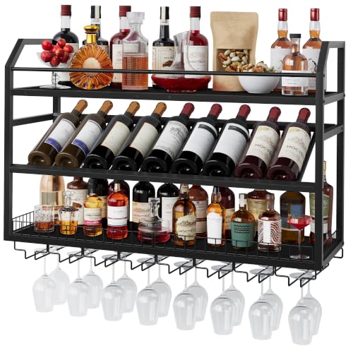 Image of Hoctieon Wall Mounted Wine Rack, 31.5 inch Wall Wine Rack for Display and Storage, Hanging Bottle Holder, for Living Room, Dining Room, Bar, Wine Cellar, Black