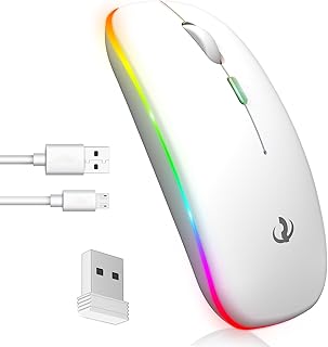 RIIKUNTEK Wireless Mouse for Laptop, LED Wireless Mouse Rechargeable, Computer Mouse with 1600 DPI, Silent Click, RGB Lights, Slim Mouse, 2.4G USB Office Mouse for Laptop PC Office Work, White