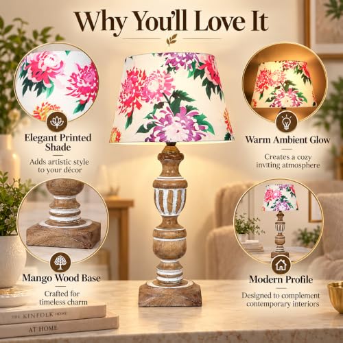 Image of tu casa Wooden Table Lamp | Premium Floral Satin Shade | Solid Wooden Base | Modern Home Decor | Ambient Bedside Lighting | Bedroom, Living Room, Study Table, Office & Festival Gifting