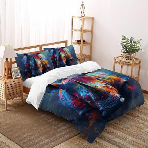 Housse de couette rhinocéros coloré parure de lit microfibre hypoallergénique lit double - 2