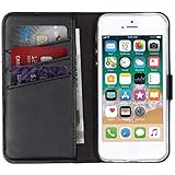 Inklusive 1 Jahr Garantie SELENCIA Bookcase Hülle kompatibel mit iPhone SE (2016), iPhone 5 / 5s – Era Leder Handytasche Side Flip Case – Handyhülle aus Rindsleder in Schwarz [3 Kartenfächer, Magnetverschluss]
