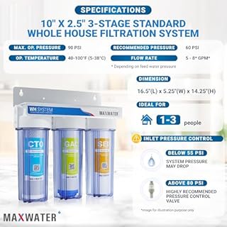 Max Water Whole House Water Filter System, Whole Home Water Filtration, 3-Stage Water filtrering System with Sediment, GAC (Granular Activated Carbon), CTO (Chlorine/Taste/Odor) Filters - 3/4” Ports