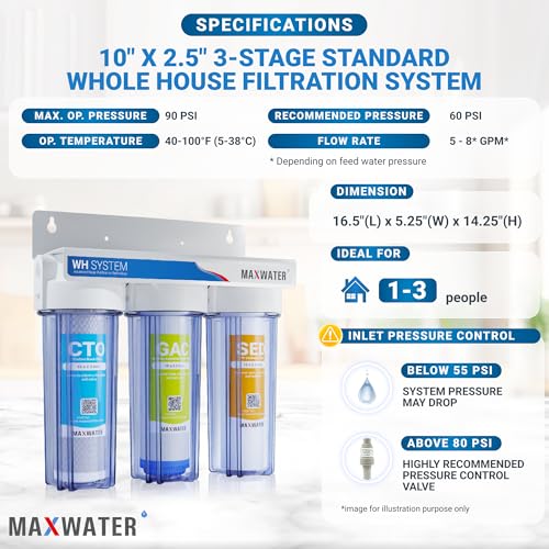 Max Water 3 Stage (Good for City Water) 10 inch Standard Water Filtration System for Whole House - Sediment + GAC + CTO Post Carbon - ¾ Inlet/Outlet - Model : WH-SC2