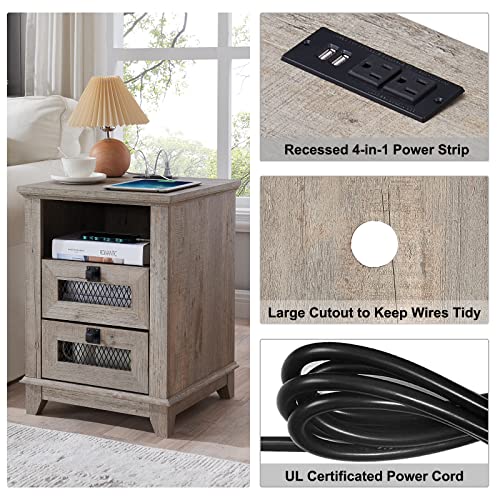 Nightstand With Charging Station,Okd 18'' Industrial & Farmhouse End Table With 2 Drawers & Open Cubby, Rustic Mesh Drawer Sofa Side Table W/Storage For Bedroom, Living Room, Office, Light Rustic Oak #TOP3