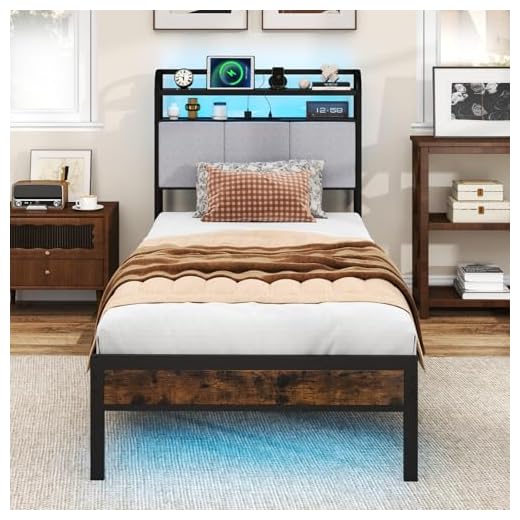 RELAX4LIFE Single/Double/King Size Bed Frame with RGB LED Lights, Charging Station & Storage Headboard, Upholstered Platform Bed Industrial Metal Slats Support Mattress Foundation (3FT Single)