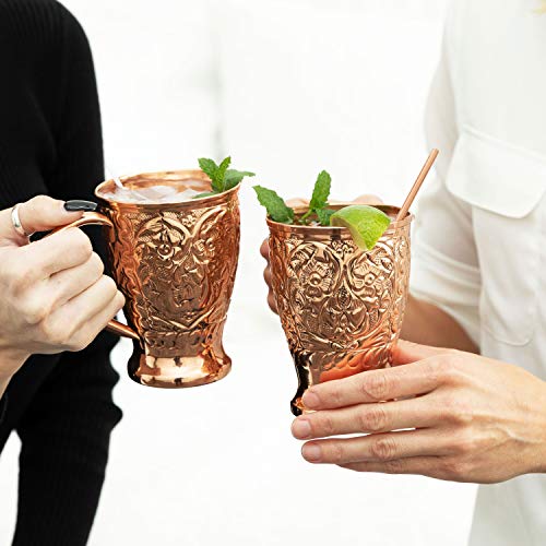 Kamojo Moscow Mule Copper Mugs - Embossed Set Of 2 Pure Copper Cups -2 Straws/Stir Sticks -20 Recipe E-Book Exclusive #TOP6