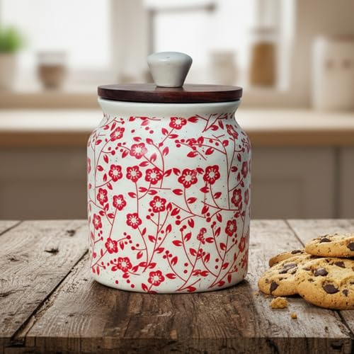 Image of Vistas 'Heritage Red' Airtight 420ml Set of 1 Ceramic Jar for Kitchen Storage | Handcrafted Ceramic Barni with Wooden Lid | Multipurpose Pickle, Spice & Salt Container
