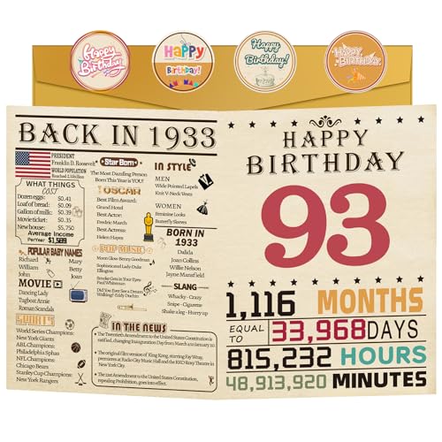 FOBELEC 93rd Birthday Card for Women Men, Respected 93 Year Old Birthday Decorations, Golden Memories Birthday Card for Grandpa Grandma, 93rd Birthday Gifts for Mother Dad