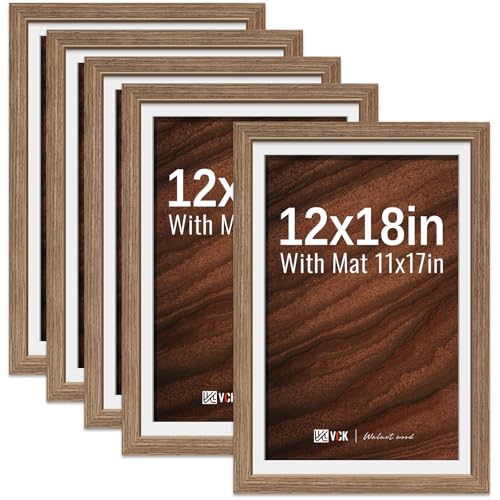Image of VCK 12x18 Frame 5 Pack, Walnut Wood, 11x17 Mat, Glass, for Picture Prints