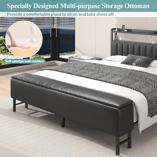 Image of King Size Platform Bed Frame with Storage Headboard, Star Projector, Black | Charging Station, Heavy-Duty Metal Slats, PU Leather Upholstered Platform, Storage Ottoman, Noise-Free, No Box Spring Needed