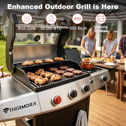 Image of 4 Burners Propane Gas Outdoor Grill 50,000 BTU, 553 Sq.in, Searing Burner, Side Burner, Porcelain-Enameled Grates BBQ Grill, Stainless Steel Propane Grill, Patio Garden Family Party Barbecues