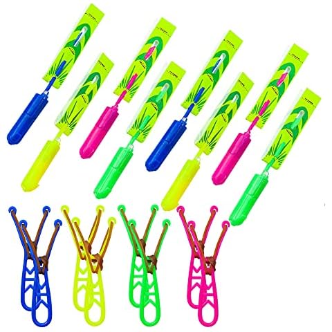 Slingshot Flying with LED Lights Glow The Dark Party,12 Launchers + 12 LED Helicopters,Slingshot Amazing Arrow Helicopter Glow Supplies for Kids (24 Pieces) Cover