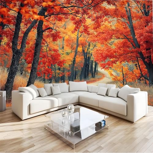 Papel Pintado Murales 200 x 140 cm Fondo De Pantalla Moderna Decoración Naranja Rojo, Naturaleza Otoño Paisaje Selva Art Papel tapiz fotográfico, Para Comedores Salones Habitaciones Fondo De Tv