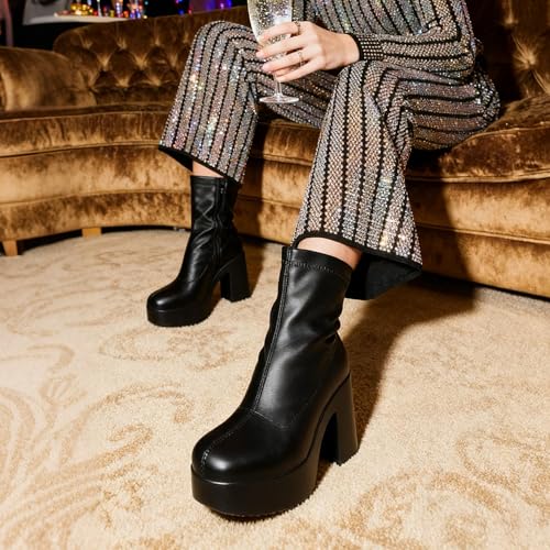 DREAM PAIRS DREAM PAIRS Women's Platform Gogo Ankle Boots High Chunky Block Heel Square Toe Booties Shoes,Size 10,Black,SDAB2310W