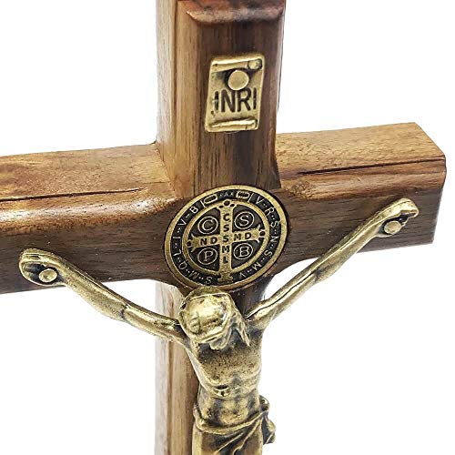 Crucifixo de Parede e Mesa Cristo Metal São Bento Dourado 12 cm