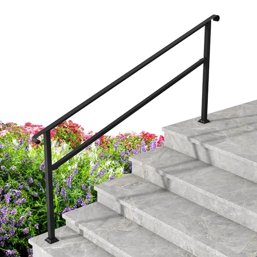 Lovinouse Hand Rails for Outdoor Steps, Deck Porch Railing Kit, 6 Step Stair Handrails, Curved Hand Rails for Seniors, Indoor Metal Stair Railing for Exterior Concrete Steps, 1-6 Step, Black