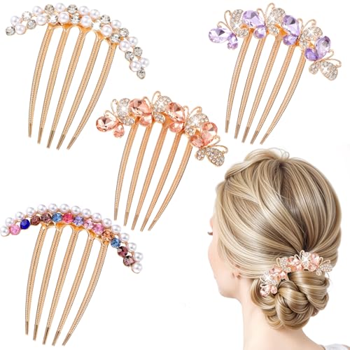 4 peças de pente de cabelo torcido francês com pérolas, coque de cabelo decorativo strass, pente de