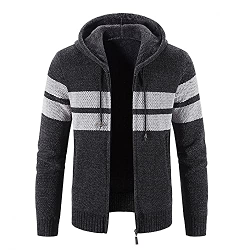 Men's Full Zip Up Cardigan Sweater, Mens Winter Coats Casual Stitching Color Hooded Hoodies Jackets Knitted Cardigan Sweater