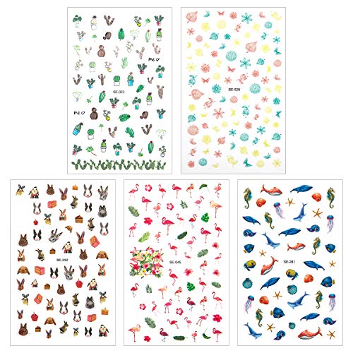 Madholly 15 Sheets Summer Nail Art Stickers- 3D Self-adhesive Nail Tip Stickers Manicure DIY Nail Decals Water Transfer Cactus Leaves Bunny Flamingo Ocean More than 1000Pcs for Women Girls Kids
