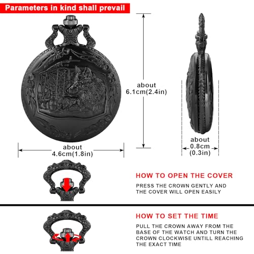 Image of Tiong Vintage Pocket Watch Engraved Cowboy Skull Wolf 3D Pattern Arabic Numerals Quartz Pocket Watch with Chain Best Gifts