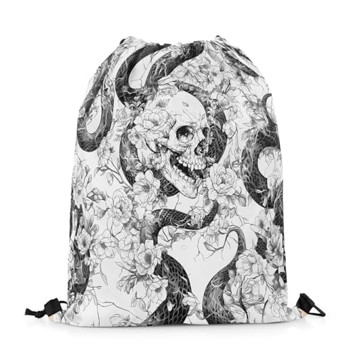 Image of jejeloiu Sugar Skull Drawstring Backpack 13x15.7inch Snake Boho Rose Waterproof Gym Drawstring Bags Gothic Art Sports String Backpack Beach Swim Travel Bag Sackpack