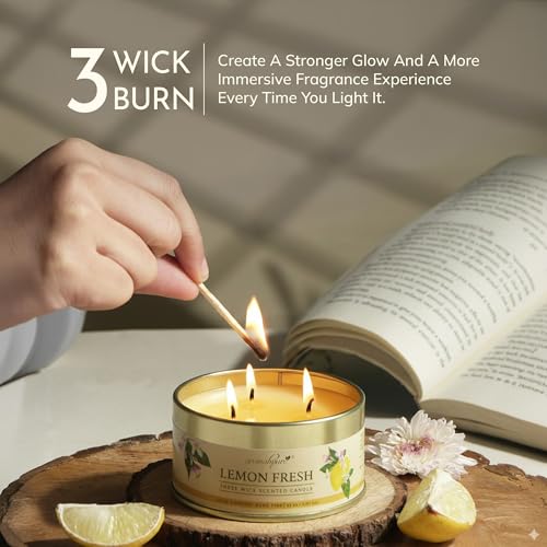 Image of Aromahpure Lemon 3 Wick Candle in Container with Lid | 85g | Burn Time 7 Hours | Scented Candle | Relaxing Aromatherapy Candles for Home Decor, Gifting, Bedroom & Spa