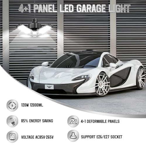TOPAUBUB Garage Light 120W, 12000LM LED Lights with 4+1 Deformable Panels 6500K Screw in LED Shop Lights for Garages, Workshop, Basement Support E26/E27 Black (2) by TOPAUBUB - Image 4