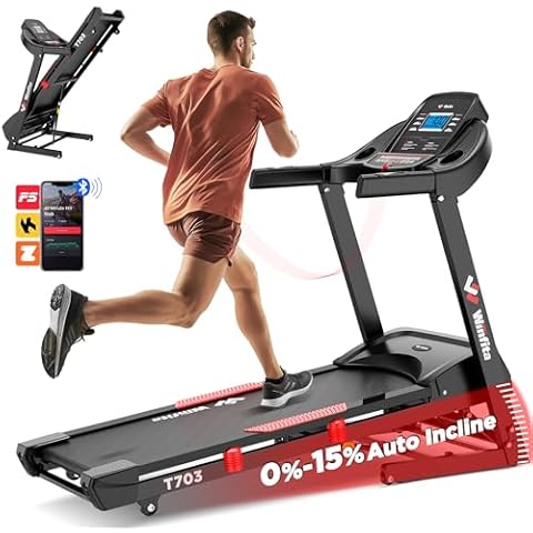 Winfita 4.0HP Treadmill for Home, Folding Treadmill with 15% Auto Incline, 300 LBS Capacity, 10 MPH Max Speed, 18'' x 50'' Wide Belt, Bluetooth, App, 64 Preset Programs, Pulse Monitor, BMI Detector Cover