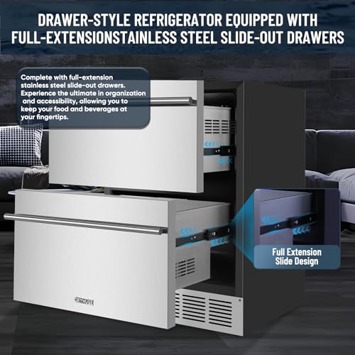 Image of ORYMUSE Outdoor Drawer Refrigerator, 24 Inch Undercounter Beverage Cooler Fridge with Stainless Steel Seamless Door Can Hold 154 Cans w /Powerful Cooling Compressor for Kitchen and Commercial