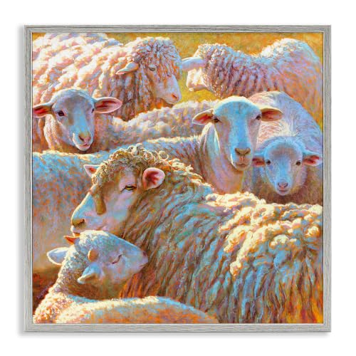 Sheep Herd Farm Animal Landscape, 17 x 17 Inch Framed Giclée Print