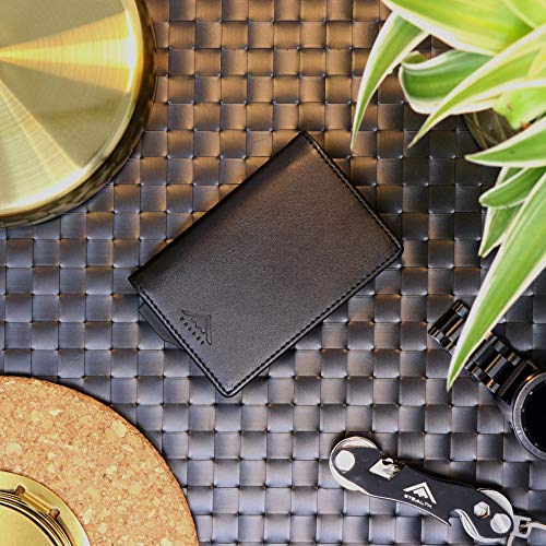 STEALTH Wallet – Minimalistisch Kartenetuis – RFID-Blockierende Pop-Up Brieftasche mit Geschenkbox – Schlankes Leichtmetall Kreditkartenetui & Kontaktloser Schutz (Silber mit Schwarzem Leder)